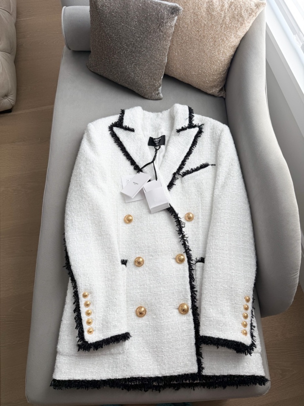New! Balmain Tweed Metallic Double-Breasted Two-Tone Blazer Coat - Picture 10 of 15